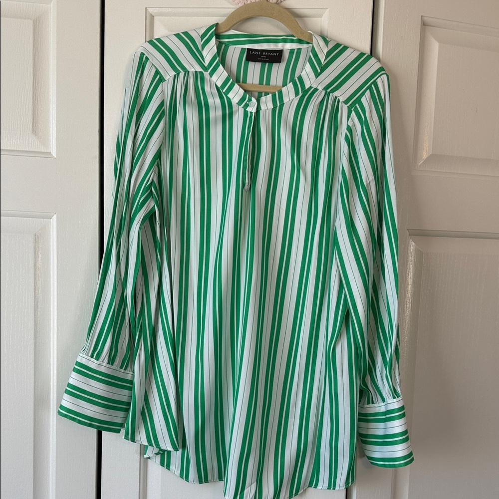 Lane Bryant Green and White Striped Blouse